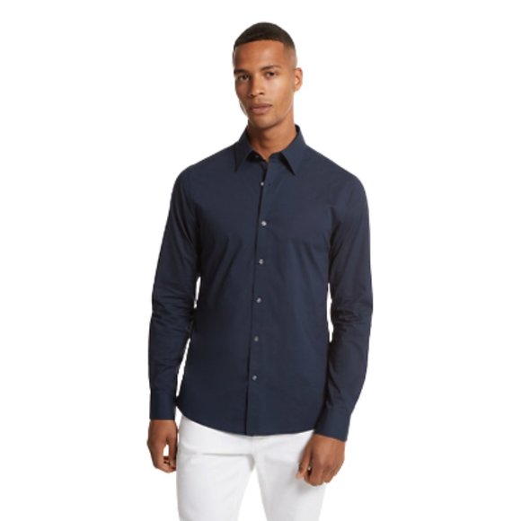 Michael Kors Mens Slim-Fit Stretch-Cotton Button Down Dress Shirt Midnight Large - Picture 1 of 6